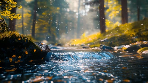 Autumn Forest Stream with Bokeh Lighting.