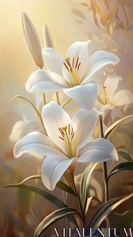 White Lilies with Golden Stamen in Luminous Soft Light Setting