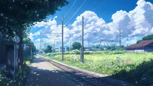 Sunlit rural railway path under towering summer cumulus clouds.