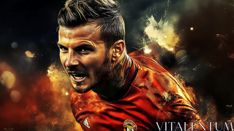 Digital portrait of football player in motion with effects.