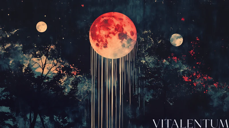 Crimson moon drips light across a dark forest sky.