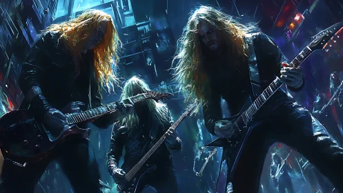 Stormlit metal guitarists shredding on neon-drenched stage.