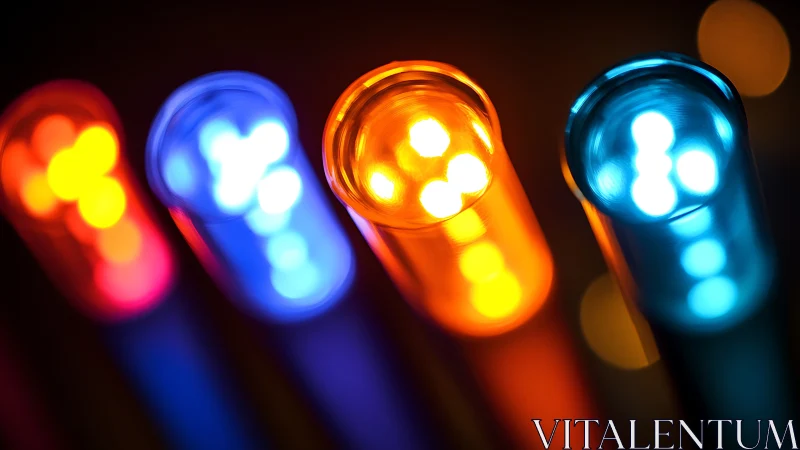 Neon test-tube beacons casting a playful chromatic glow.
