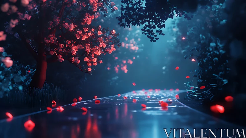 Luminous forest path with glowing petals at twilight.