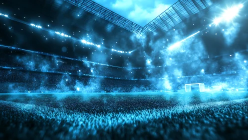 Floodlit football stadium shows blue-tinted pitch and mist