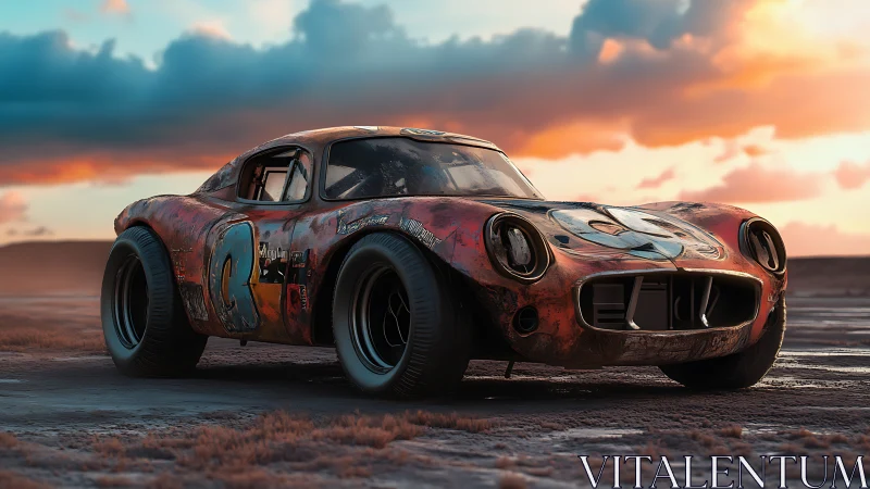 Rusty wide-body race car under dramatic sunset sky.
