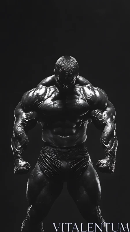 Oil-slicked bodybuilder stands under hard overhead light