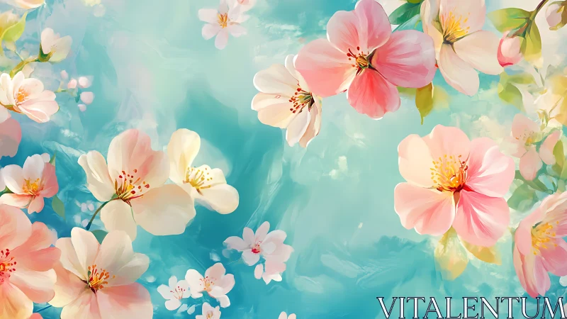Watercolor Floral Canvas: Pink Blooms Against Turquoise Sky.