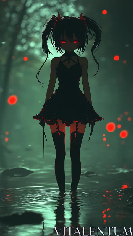 Crimson eyed shadow girl haunting a mist soaked forest pool.