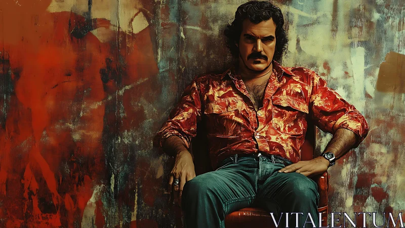 Brooding man in vivid red shirt rests against abstract wall