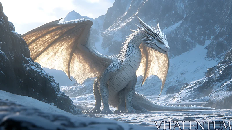 Majestic ice dragon resting softly in a sunlit winter pass.