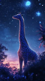 Giraffe stands under starry night sky with glowing blue light