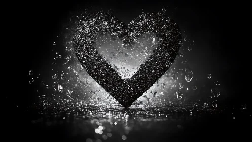 Water droplet impact with particles dispersing around heart shape.