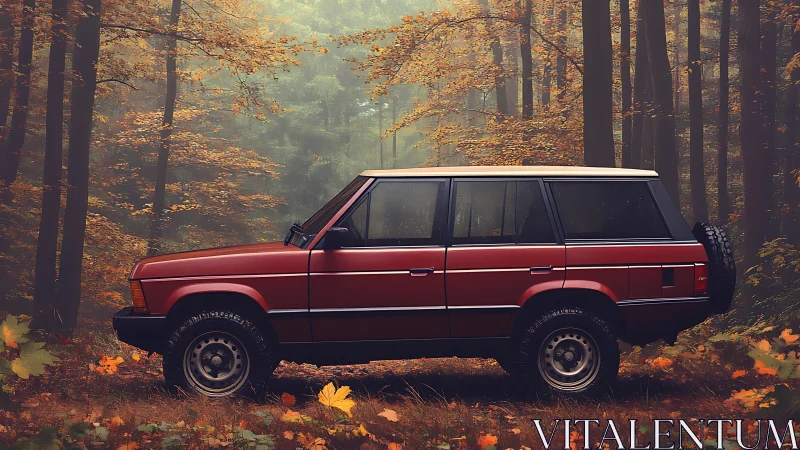 Crimson forest rover pausing in a misty autumn hush.