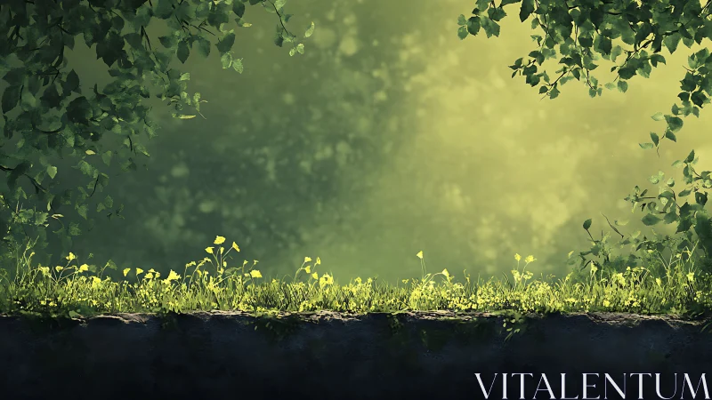 Sunlit forest clearing with lush grass in digital painting style.