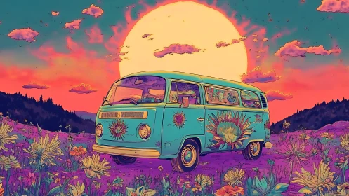 Retro microbus under neon psychedelic sunset skyscape.