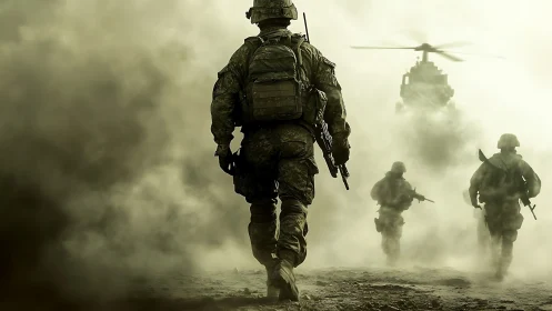 Soldiers advance through dust as a combat helicopter hovers overhead