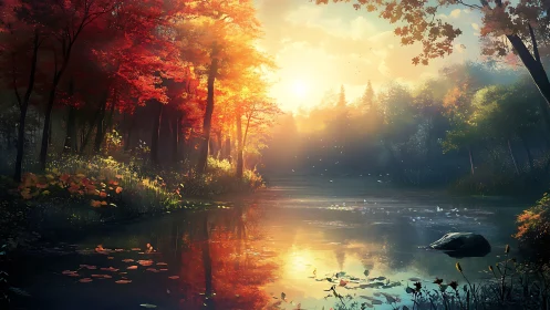 Sunlit autumn forest pond with glowing misty reflections.