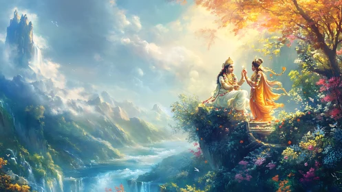 Serene divine meeting above a luminous river valley.