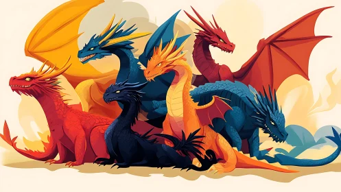 Elemental dragon council in vivid warm and cool harmony.