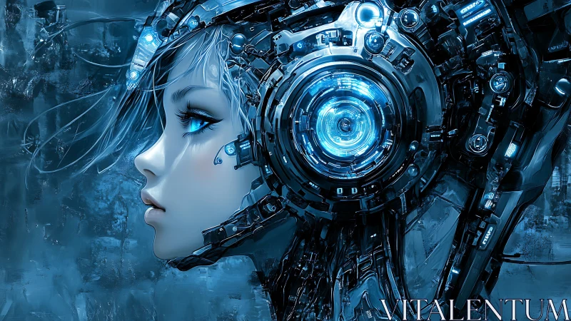 Futuristic female cyborg profile with blue cybernetic helm.