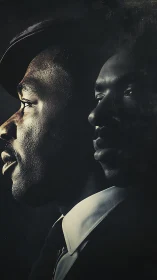 Side-lit double portrait isolates overlapping male profiles