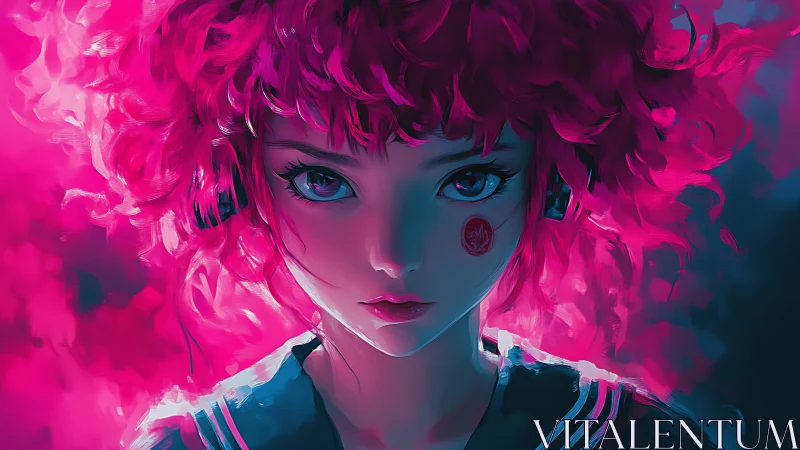 Neon-haired anime girl in vivid magenta glow portrait.
