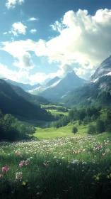 Sunlit alpine valley unfolds beneath distant snowy peaks