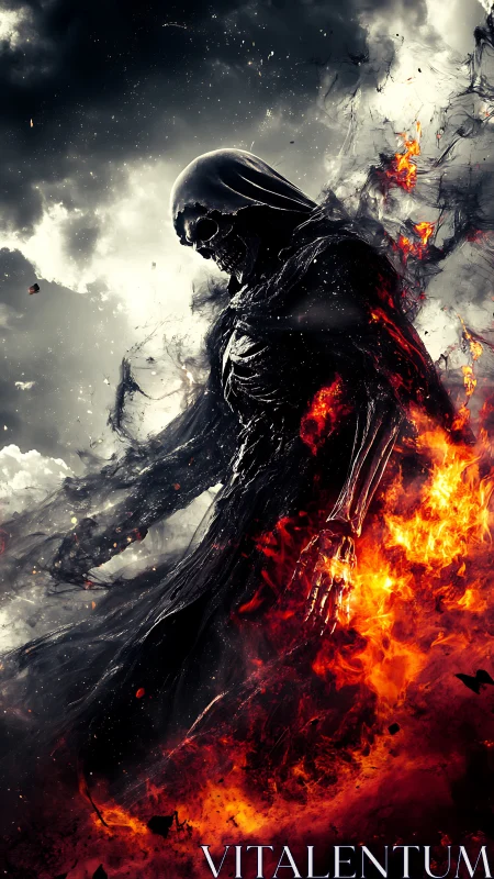 Flaming shadow reaper strolling through a storm of embers.