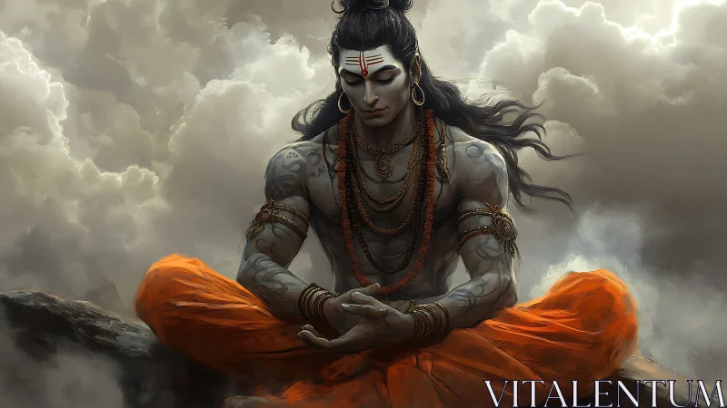 Meditating ascetic deity amid swirling storm clouds.