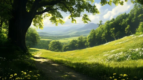 Sunlit meadow path opens gently toward distant blue hills