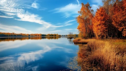 Autumn shoreline mirrored on tranquil lake under sculpted clouds.