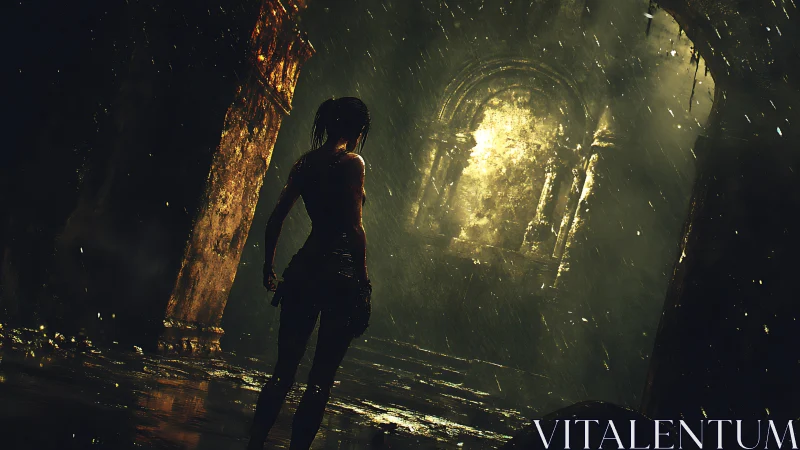 Rain-soaked tomb raider facing a blinding golden relic.