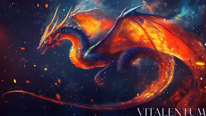 Fiery cosmic dragon in motion across glowing night sky.