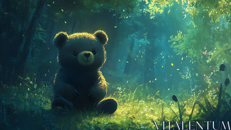 Digital illustration of plush bear in sunlit forest clearing.