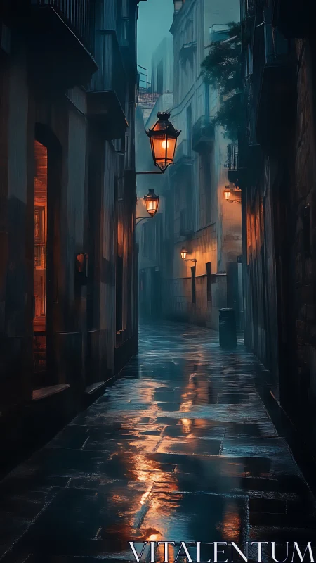 Narrow wet alley shows streetlamps reflecting on pavement