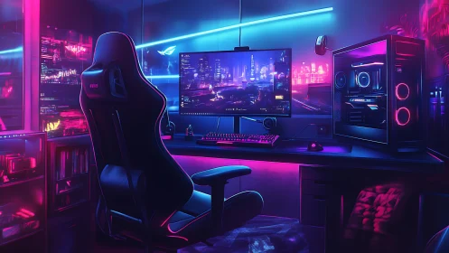 Neon-lit gaming workstation displays curved monitor and PC