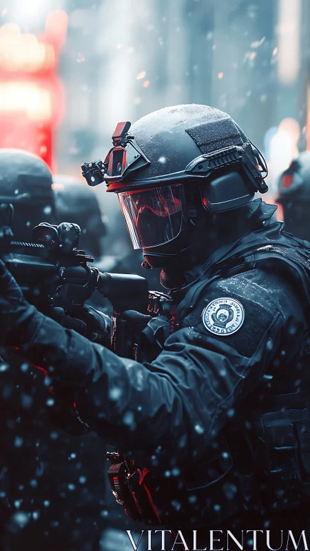 Tactical police officer advances through snow in urban street