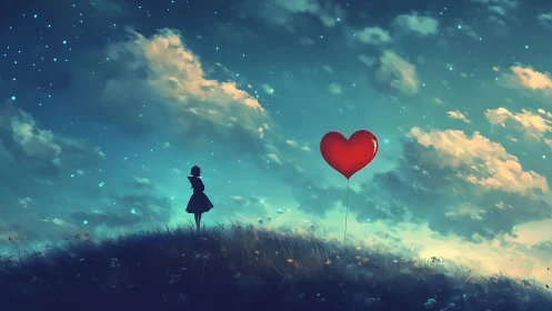 Solitary Figure Holds Red Heart Balloon Against Dreamy Sky