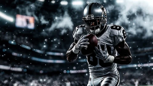 High-contrast football receiver sprinting in floodlit stadium night