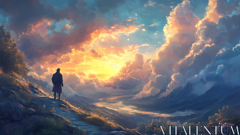 Lone traveler observing expansive sunset over valley.