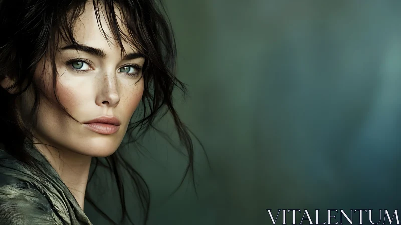 Calm green eyed woman gazes softly into a quiet distance