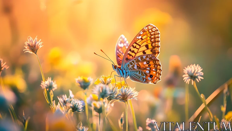 Butterfly rests on wildflower amid shallow-depth meadow field