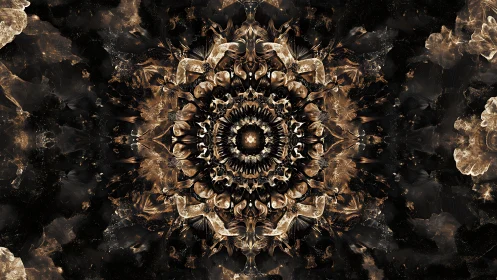 Radial golden-brown fractal mandala on dark background.