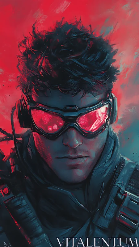 Cyber operative in neon visor amid red teal haze.