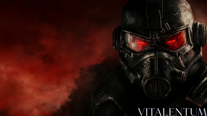 Armored respirator soldier with red visor in toxic red haze