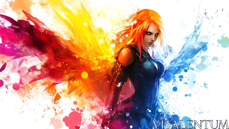 Female warrior figure with dual-color abstract paint wings.
