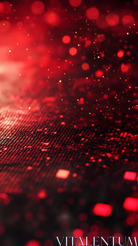 Glowing red data grid dissolving into digital bokeh haze.