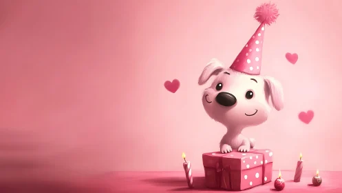 Cheerful Puppy Birthday Celebration in 3D Character Rendering.