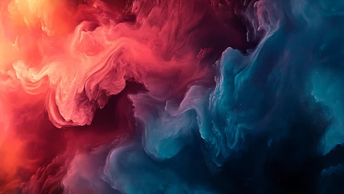 Nebulous red and blue clouds forming abstract cosmic gulf.